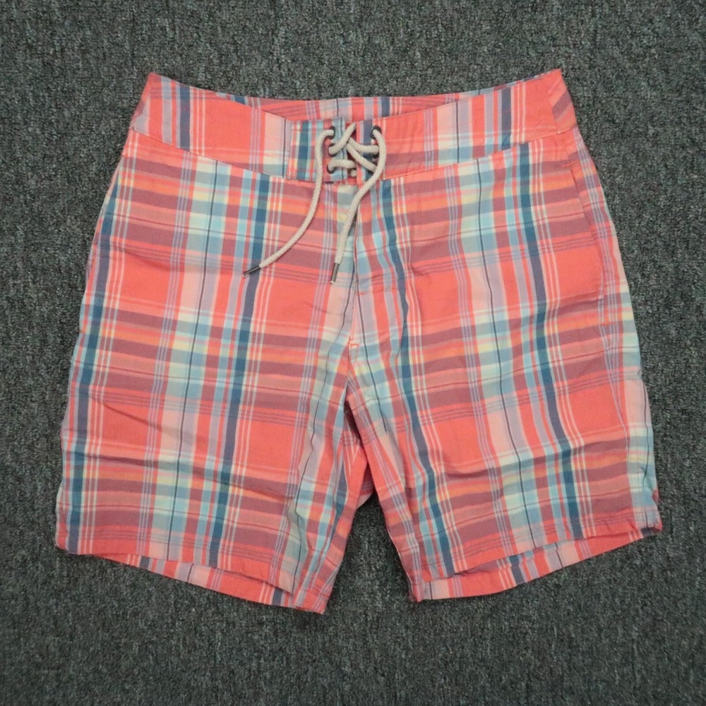 Faherty Board Shorts Mens 28 Red Blue Plaid Classic Swim Drawstring Zip Pocket